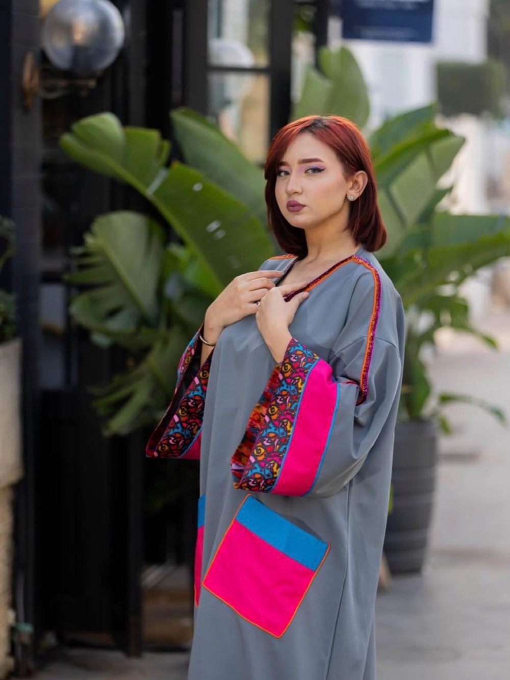 Gray Kaftan Dress with Pink & Blue Accent - Picture 3 of 8